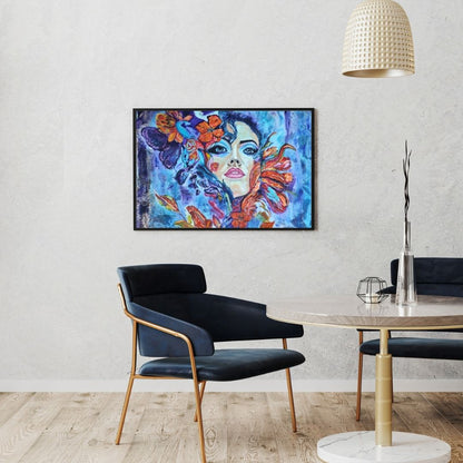 Rising Into Freedom Gemälde der Künstlerin Marika Junikajtes hängt an einer hellen Wand in einem Chefbüro an einem modernen kleinen runden Tisch mit zwei Stühlen.