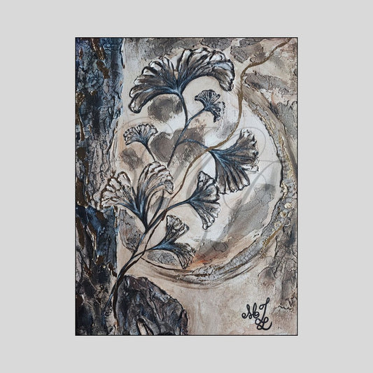 Gesamtansicht des Originalgemäldes „Rooted in Life“ von Marika Junikajtes. Kintsugi-inspirierte Mixed-Media-Kunst mit sieben Ginkgoblättern, offenem Kreis, goldener Lebenslinie, Crackle-Struktur und Blattgold auf Leinwand.
