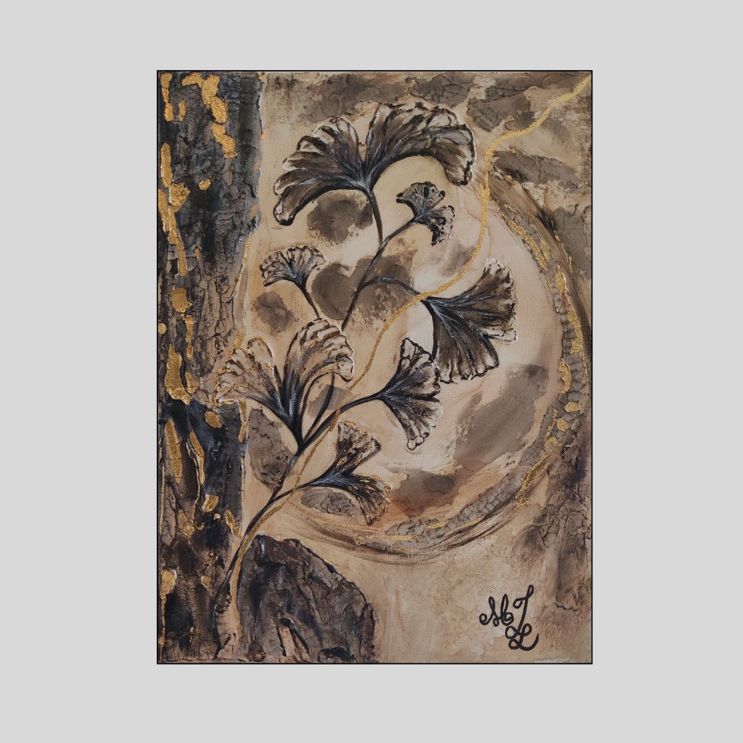 Gesamtansicht des Originalgemäldes „Rooted in Life“ von Marika Junikajtes. Kintsugi-inspirierte Mixed-Media-Kunst mit sieben Ginkgoblättern, offenem Kreis, goldener Lebenslinie, Crackle-Struktur und Blattgold auf Leinwand.
