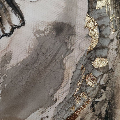 Detailansicht des offenen Kreises im Originalgemälde „Rooted in Life“ von Marika Junikajtes. Erdige Acrylfarben, Crackle-Strukturen und Blattgold prägen die strukturierte Oberfläche.