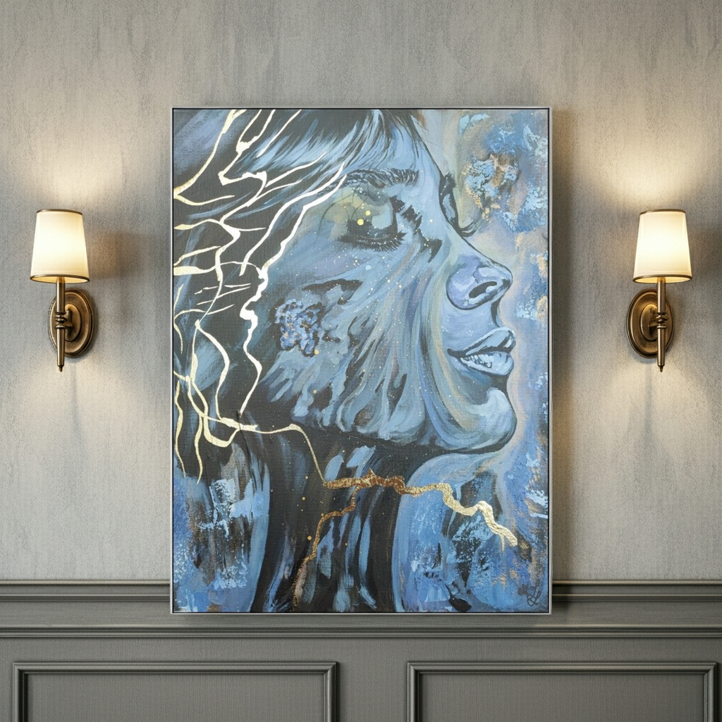 Beruhigendes abstraktes Bild in Pastell und Gold, Kintsugi Kunstwerk für Wellness und Entspannung, sanfte Wanddeko. Originalgemälde Sighs Of Relief von Marika Junikajtes an einer hellen Wand beleuchtet.
