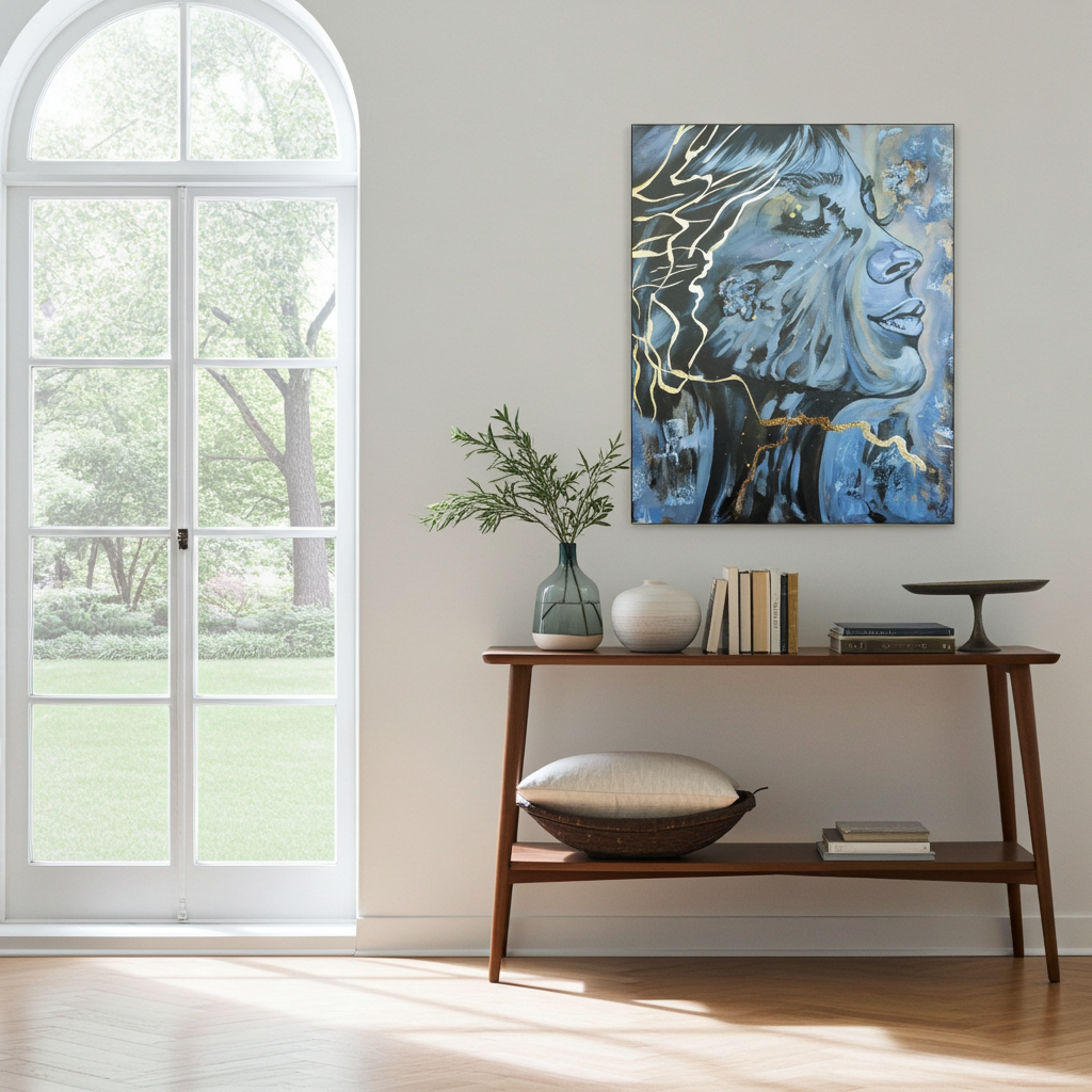 Beruhigendes abstraktes Bild in Pastell und Gold, Kintsugi Kunstwerk für Wellness und Entspannung, sanfte Wanddeko im Wohnzimmer. Originalgemälde Sighs Of Relief von Marika Junikajtes.