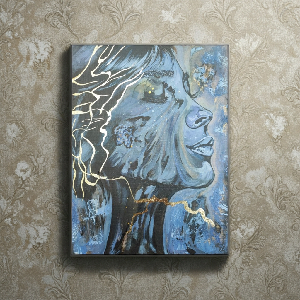 Beruhigendes abstraktes Bild in Pastell und Gold, Kintsugi Kunstwerk für Wellness und Entspannung, sanfte Wanddeko an einer beigen Wand. Originalgemälde Sighs Of Relief von Marika Junikajtes.