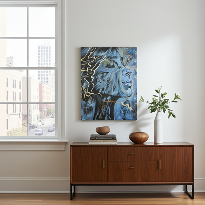 Beruhigendes abstraktes Bild in Pastell und Gold, Kintsugi Kunstwerk für Wellness und Entspannung, sanfte Wanddeko im Wohnzimmer. Originalgemälde Sighs Of Relief von Marika Junikajtes.