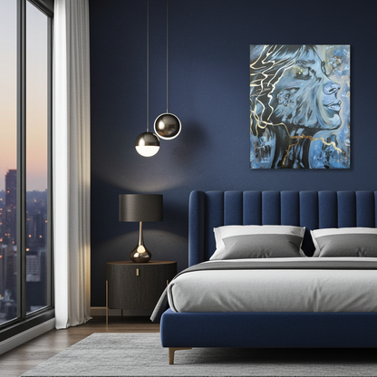 Beruhigendes abstraktes Bild in Pastell und Gold, Kintsugi Kunstwerk für Wellness und Entspannung, sanfte Wanddeko im Schlafzimmer an blauer Wand. Originalgemälde Sighs Of Relief von Marika Junikajtes.