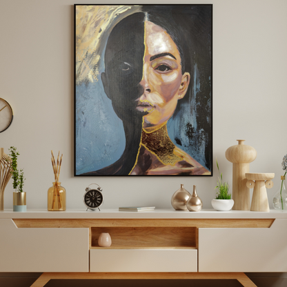 Originalgemälde Silence Is My Shield von Contemporary Artist Marika Junikajtes. Art with Soul. Series Strength Wears Black. Mixed Media (Acryl, Pouring) auf Leinwand 