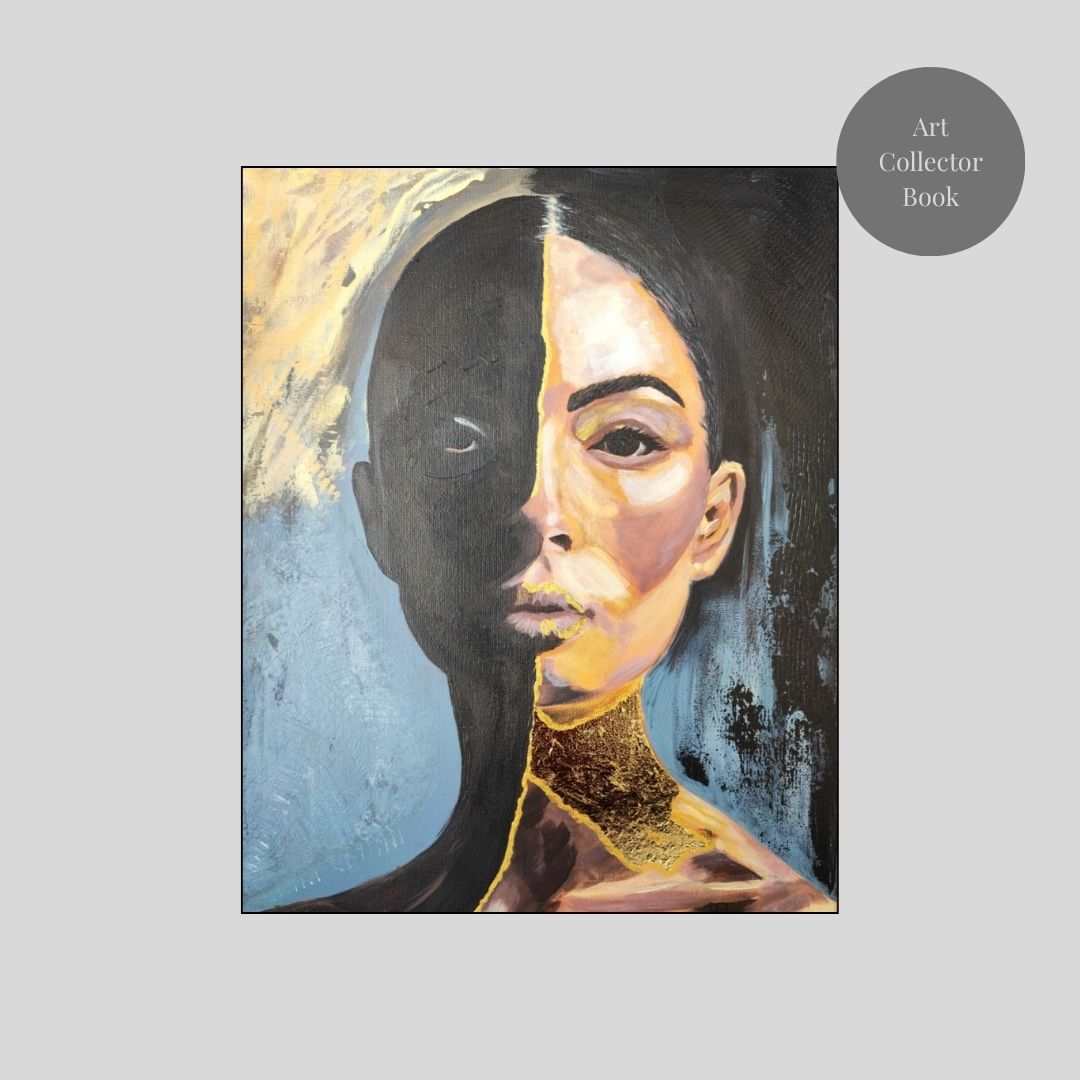 Abstraktes Mixed Media Kintsugi Portrait als Originalgemälde, zeitgenössische Kunst in Gold und Schwarz für Wohnzimmer Dekoration von Marika Junikajtes, Deutschland
