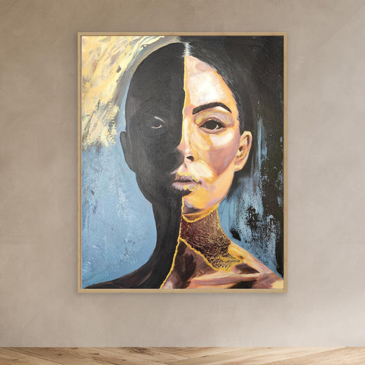 Abstraktes Mixed Media Kintsugi Portrait als Originalgemälde, zeitgenössische Kunst in Gold und Schwarz für Wohnzimmer Dekoration von Marika Junikajtes, Deutschland
