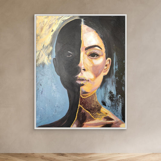 Abstraktes Mixed Media Kintsugi Portrait als Originalgemälde, zeitgenössische Kunst in Gold und Schwarz für Wohnzimmer Dekoration von Marika Junikajtes, Deutschland
