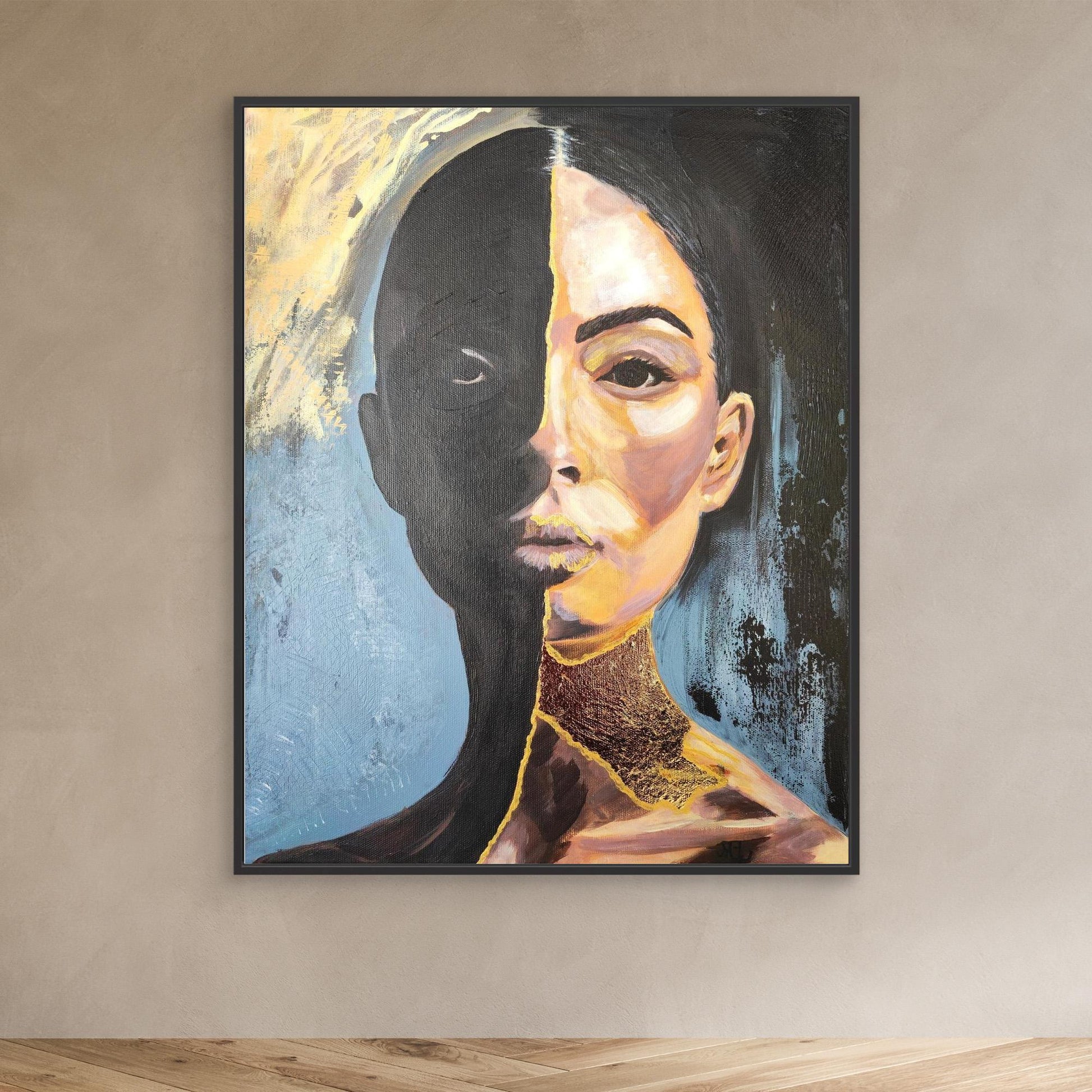 Abstraktes Mixed Media Kintsugi Portrait als Originalgemälde, zeitgenössische Kunst in Gold und Schwarz für Wohnzimmer Dekoration von Marika Junikajtes, Deutschland
