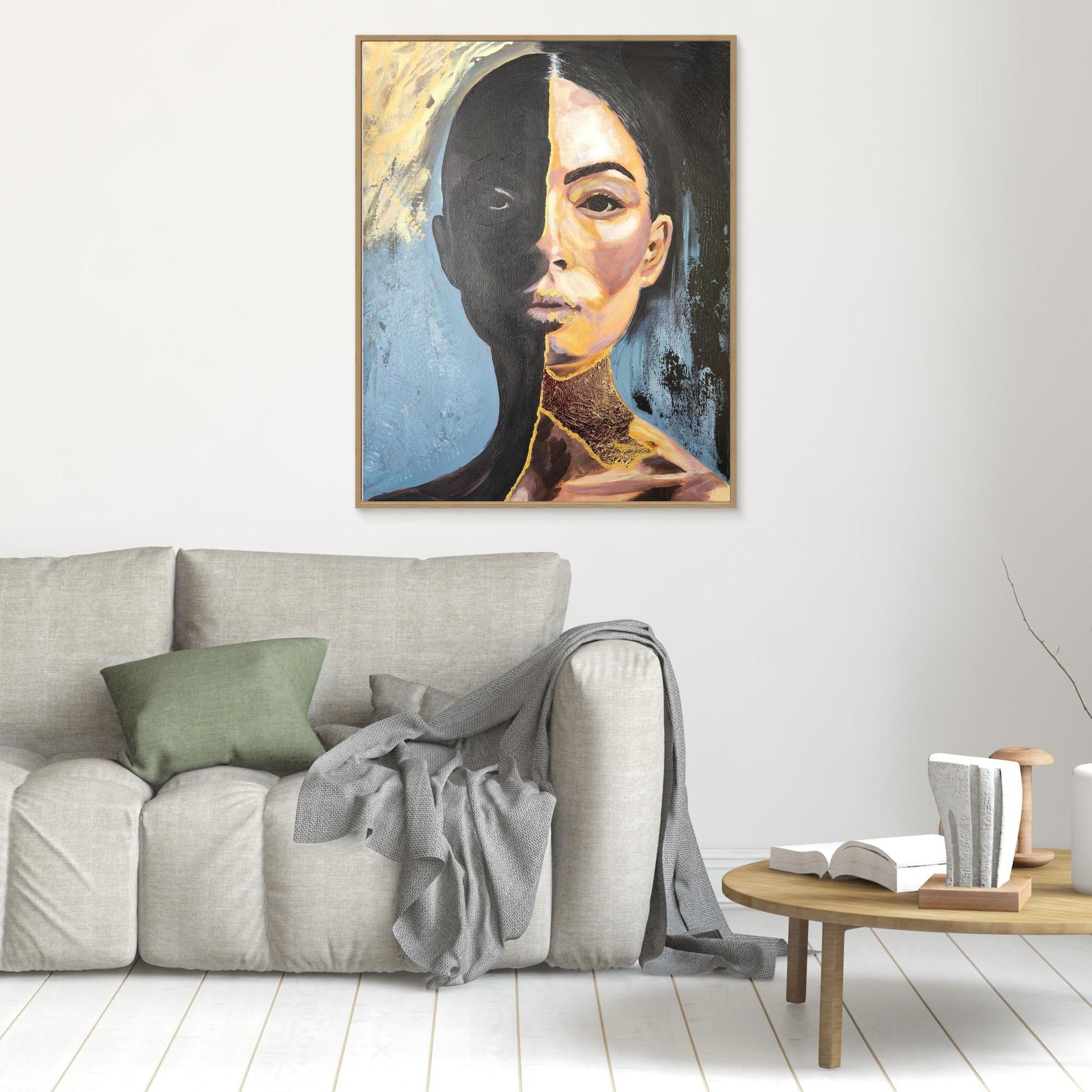 Abstraktes Mixed Media Kintsugi Portrait als Originalgemälde, zeitgenössische Kunst in Gold und Schwarz für Wohnzimmer Dekoration von Marika Junikajtes, Deutschland
