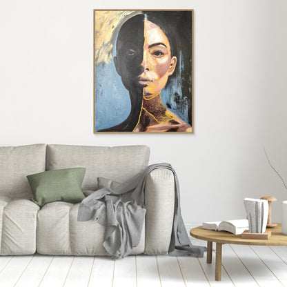Abstraktes Mixed Media Kintsugi Portrait als Originalgemälde, zeitgenössische Kunst in Gold und Schwarz für Wohnzimmer Dekoration von Marika Junikajtes, Deutschland
