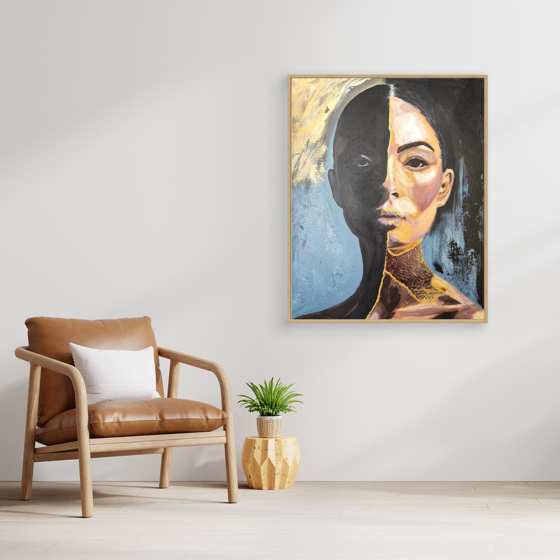 Abstraktes Mixed Media Kintsugi Portrait als Originalgemälde, zeitgenössische Kunst in Gold und Schwarz für Wohnzimmer Dekoration von Marika Junikajtes, Deutschland
