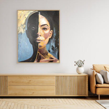 Abstraktes Mixed Media Kintsugi Portrait als Originalgemälde, zeitgenössische Kunst in Gold und Schwarz für Wohnzimmer Dekoration von Marika Junikajtes, Deutschland
