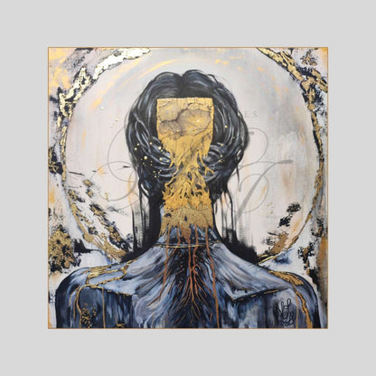 Großformatiges modernes Wandbild in Gold und Erdtönen, abstrakte Frauen Figur mit Struktur-Effekten, Kintsugi-Kunst, Dekoration für Wohnzimmer. Nahaufnahme, Originalgemälde The Chokehold Of Conformity von Marika Junikajtes.