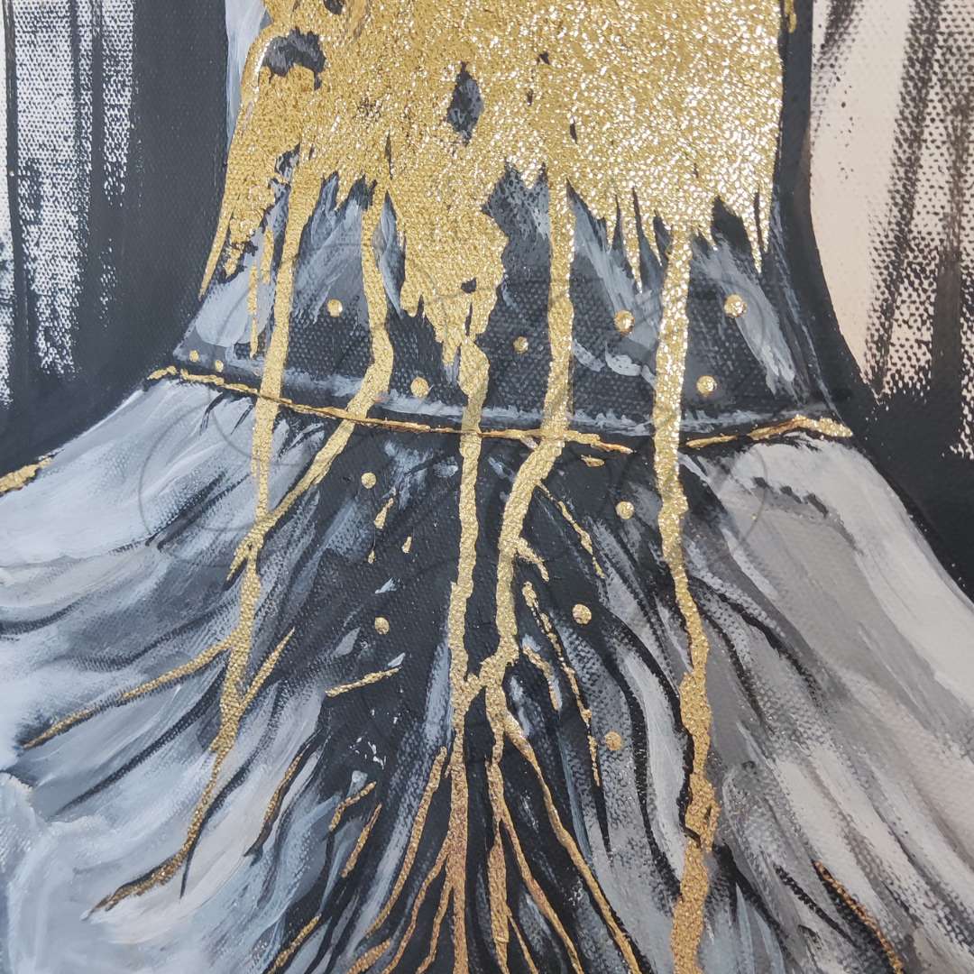 Großformatiges modernes Wandbild in Gold und Erdtönen, abstrakte Frauen Figur mit Struktur-Effekten, Kintsugi-Kunst, Dekoration für Wohnzimmer. Nahaufnahme, Originalgemälde The Chokehold Of Conformity von Marika Junikajtes.