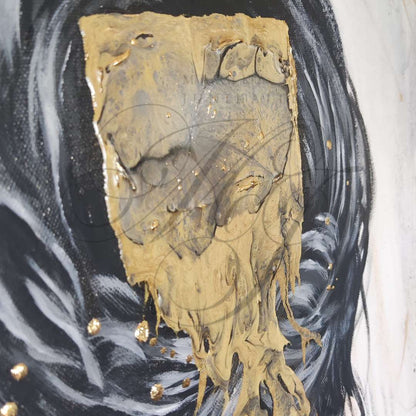 Großformatiges modernes Wandbild in Gold und Erdtönen, abstrakte Frauen Figur mit Struktur-Effekten, Kintsugi-Kunst, Dekoration für Wohnzimmer. Nahaufnahme, Originalgemälde The Chokehold Of Conformity von Marika Junikajtes.