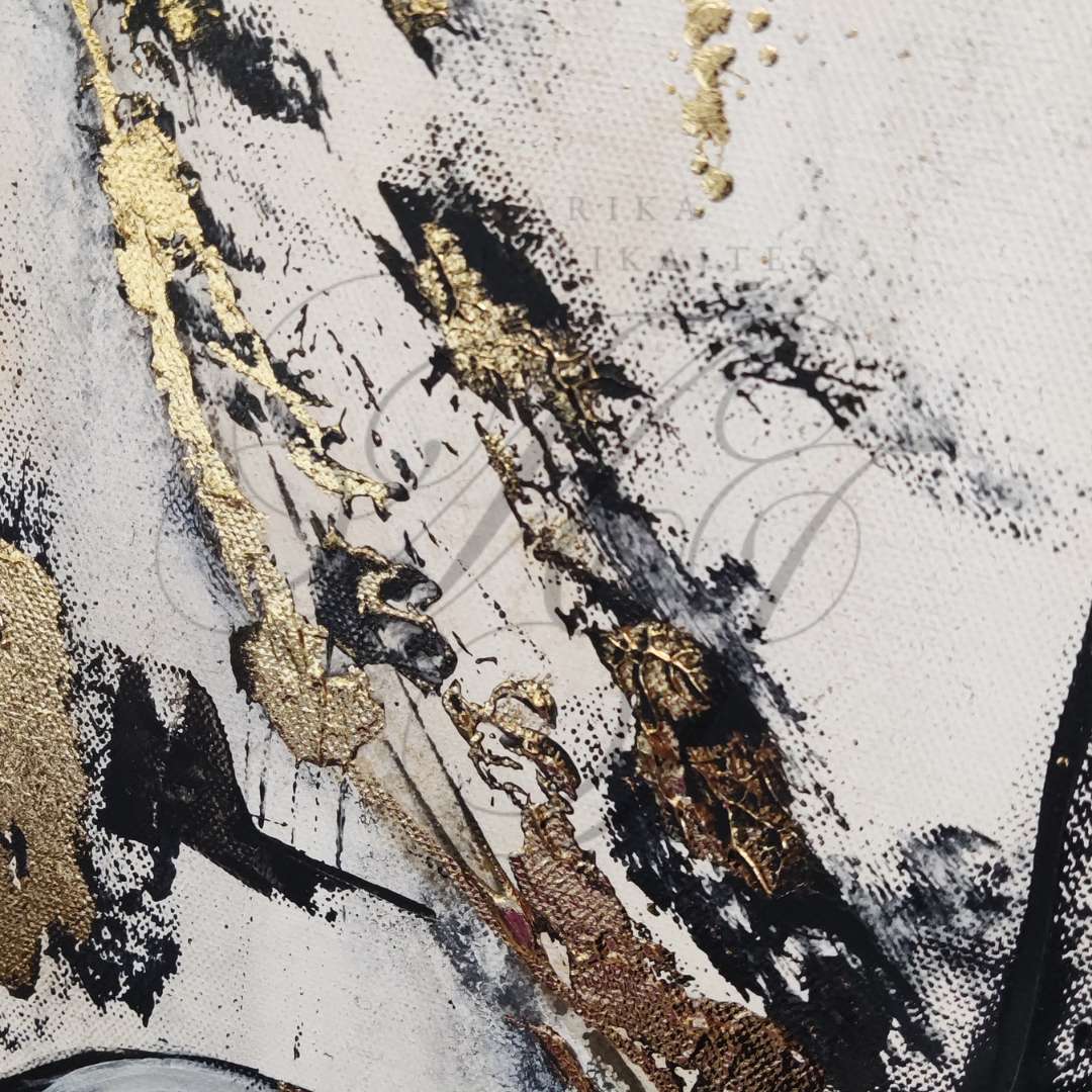 Großformatiges modernes Wandbild in Gold und Erdtönen, abstrakte Frauen Figur mit Struktur-Effekten, Kintsugi-Kunst, Dekoration für Wohnzimmer. Nahaufnahme, Originalgemälde The Chokehold Of Conformity von Marika Junikajtes.