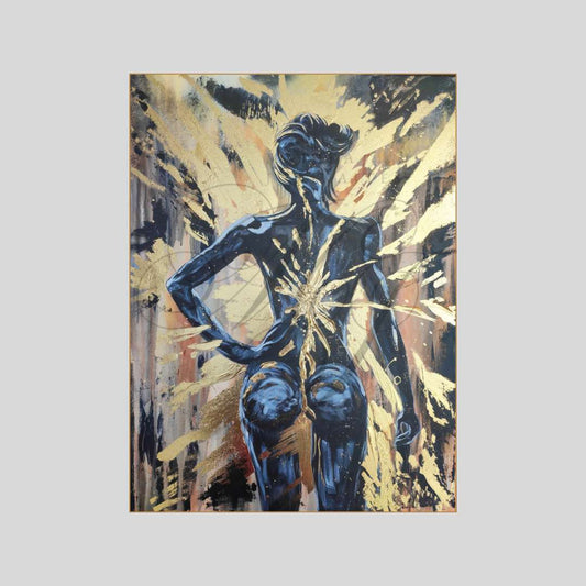 Großformatiges modernes Wandbild in Gold und Erdtönen, abstrakte Figur einer Frau mit Struktur-Effekten, Kintsugi-Kunst, Dekoration für Wohnzimmer. Originalgemälde The Radiant Uprising von Marika Junikajtes.