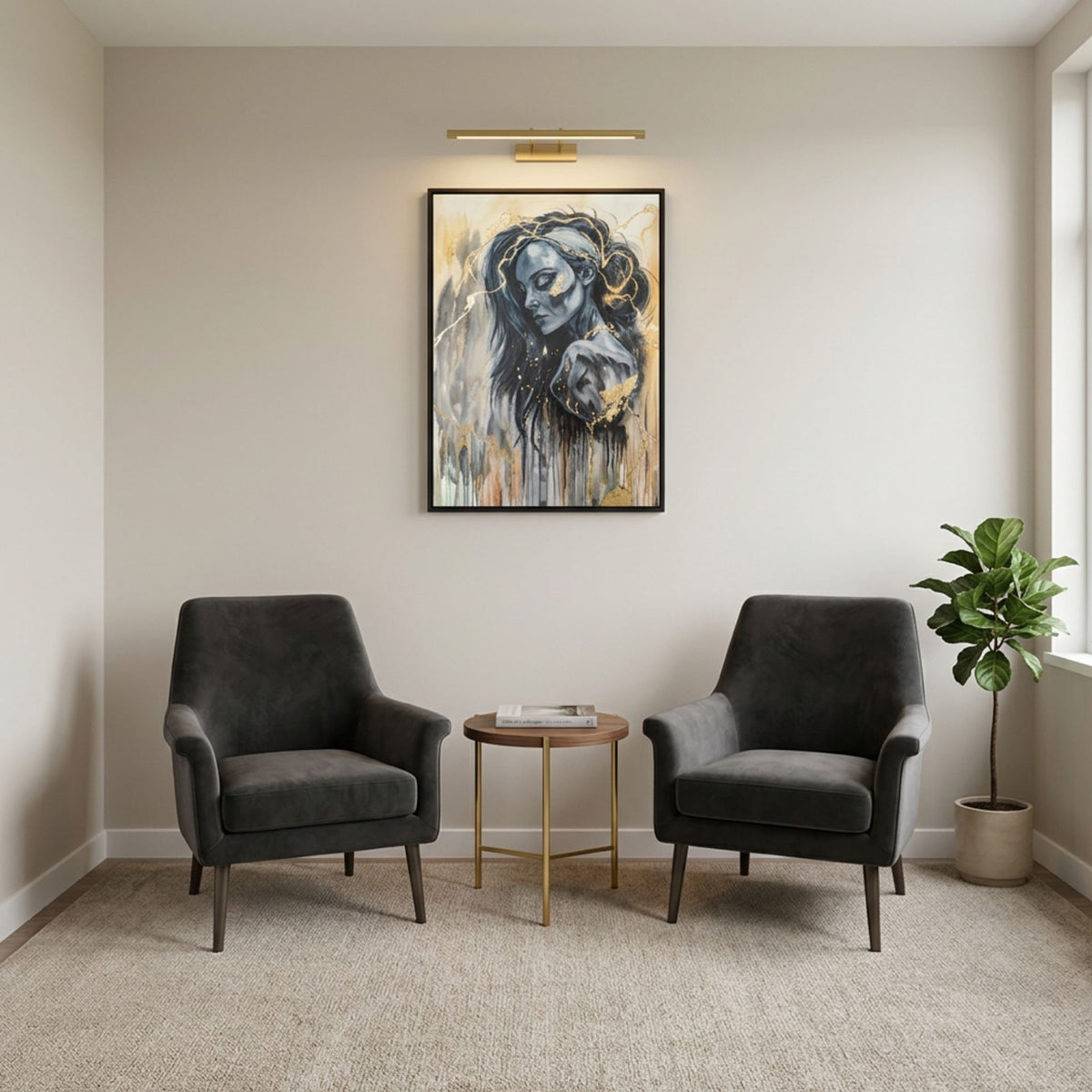 Digitale Raumvisualisierung des Originalgemäldes „The Mind’s Gilded Tether“ von Marika Junikajtes in einem modernen Wartebereich mit zwei anthrazitfarbenen Sesseln, Messingtisch und heller Wand. Das 60 × 80 cm große Mixed-Media-Werk zeigt ein weibliches Porträt mit goldenen Strukturen.