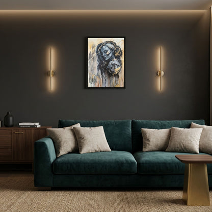 Digitale Raumvisualisierung von „The Mind’s Gilded Tether“, einem 60 × 80 cm großen Originalgemälde von Marika Junikajtes, über einem dunkelgrünen Samtsofa. Das expressive Frauenporträt mit goldenen, kintsugi-inspirierten Linien wirkt vor der anthrazitfarbenen Wand als klarer Mittelpunkt.