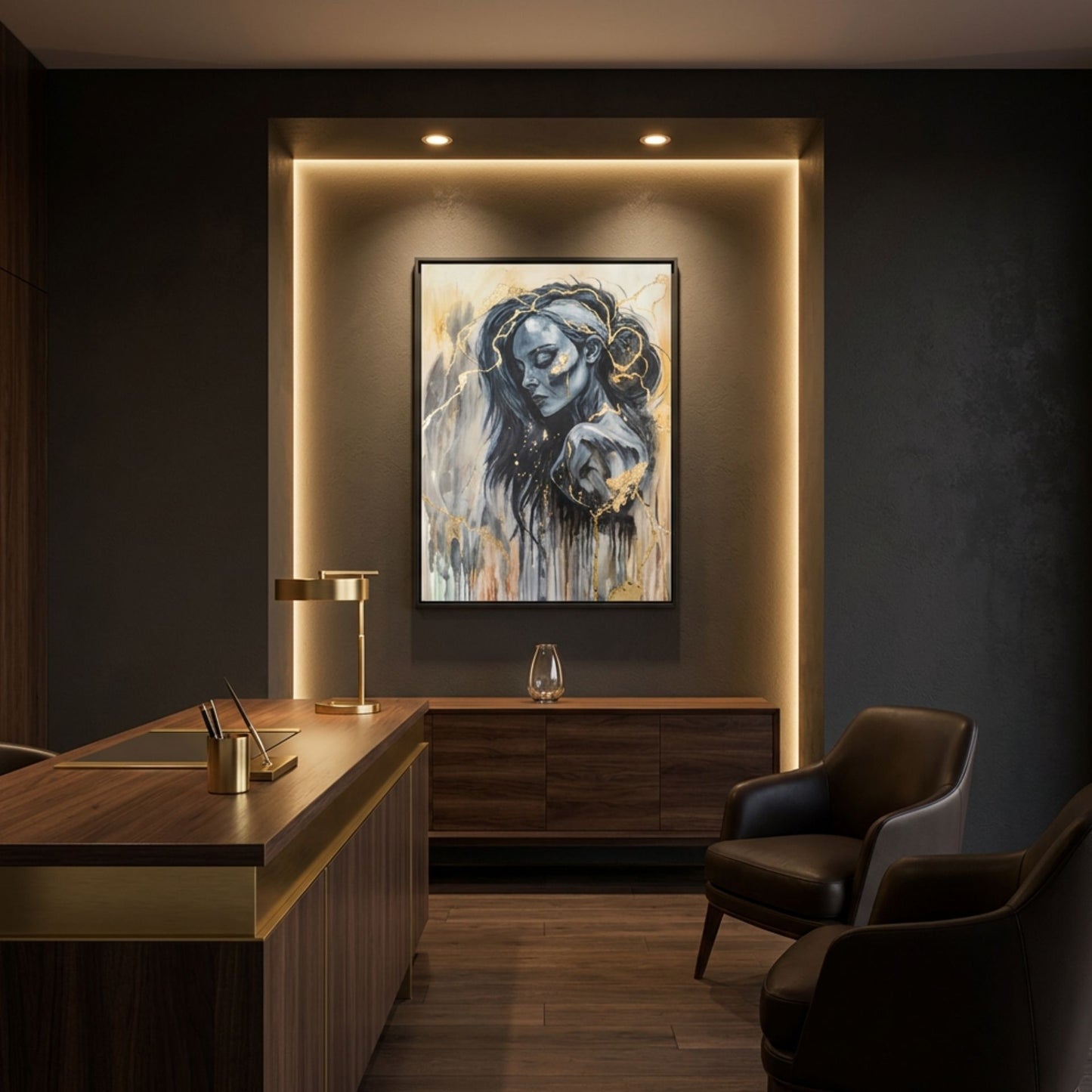 Digitale Raumvisualisierung des Mixed-Media-Gemäldes „The Mind’s Gilded Tether“ von Marika Junikajtes in einem hochwertig gestalteten Boutique-Hotel-Empfang mit dunklen Wänden, Holz und indirekter Beleuchtung. Das Frauenporträt mit Goldakzenten bildet den Mittelpunkt des Raumes.