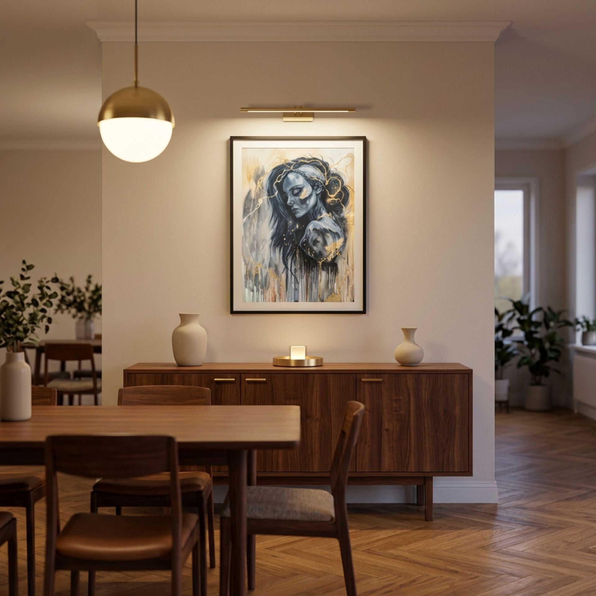 „The Mind’s Gilded Tether“ von Marika Junikajtes als digitale Raumvisualisierung über einem Nussbaum-Sideboard in einem warm eingerichteten Esszimmer. Das 60 × 80 cm große kintsugi-inspirierte Originalgemälde zeigt ein expressives Frauenporträt mit goldenen Linien.