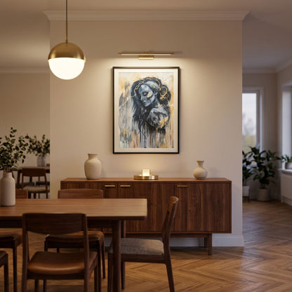 „The Mind’s Gilded Tether“ von Marika Junikajtes als digitale Raumvisualisierung über einem Nussbaum-Sideboard in einem warm eingerichteten Esszimmer. Das 60 × 80 cm große kintsugi-inspirierte Originalgemälde zeigt ein expressives Frauenporträt mit goldenen Linien.