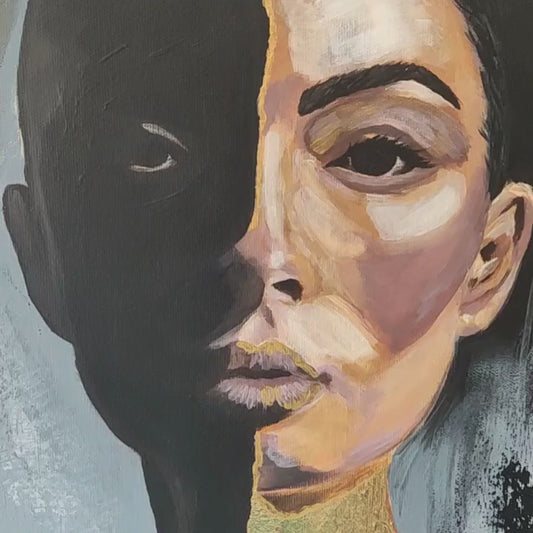 Abstraktes Mixed Media Portrait als Originalgemälde, zeitgenössische Kunst von Marika Junikajtes, Deutschland
