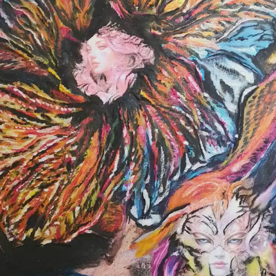 Originalgemälde She Plays With Fire von Contemporary Artist Marika Junikajtes. Art with Soul. Mixed Media (Acryl, Öl, Paper Collage, Modelling Paste) auf Leinwand 