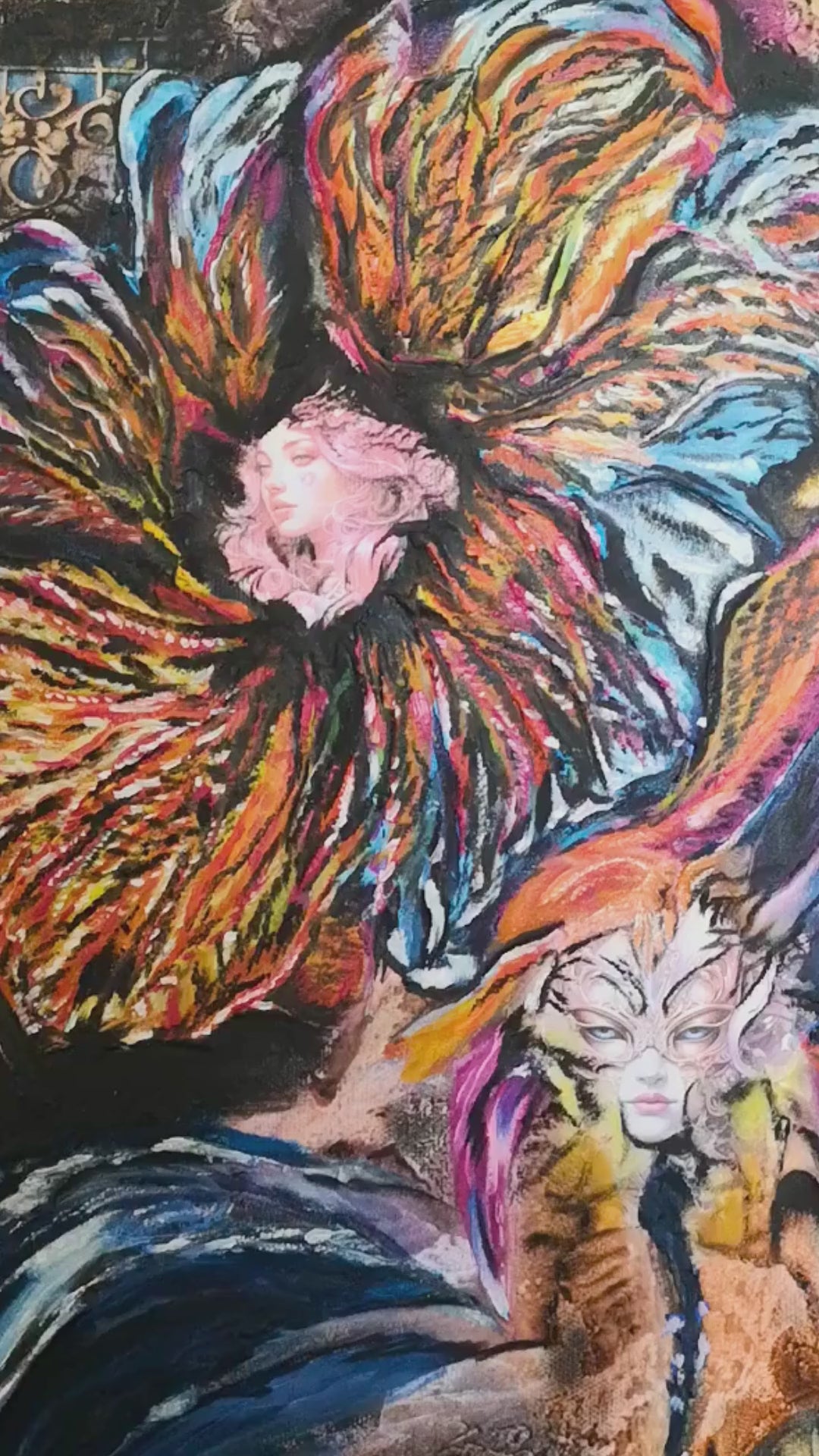 Originalgemälde She Plays With Fire von Contemporary Artist Marika Junikajtes. Art with Soul. Mixed Media (Acryl, Öl, Paper Collage, Modelling Paste) auf Leinwand 