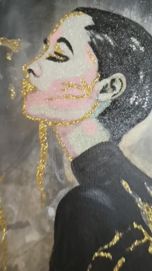 Originalgemälde Between Falling and Flying der zeitgenössischen Künstlerin Marika Junikajtes aus dem Großraum Frankfurt, Deutschland. Mixed Media auf Leinwand (Acryl, Metallicfarben, Glitzer)